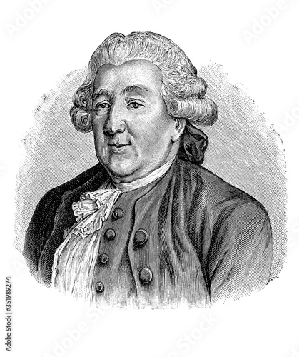 Engraving portrait of Carlo Goldoni (1707 - 1793) famous Italian playwright, author of best loved plays in Venetian dialect with the rapresentation of middle class characters and behavior