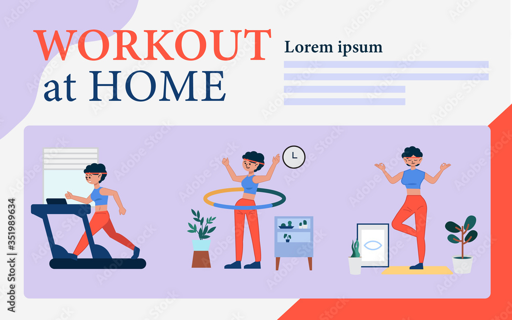 Workout at home and sport exercise set. Woman doing fitness workout activities indoor. Treadmill running, playing hula hoop, aerobic, yoga and meditation. Cartoon flat vector illustration.