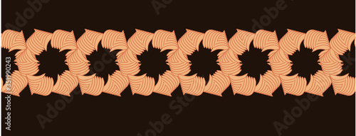 Seamless horizontal banner. Pattern of polygons. Bracelets made of shells. Orange vector on brown background.