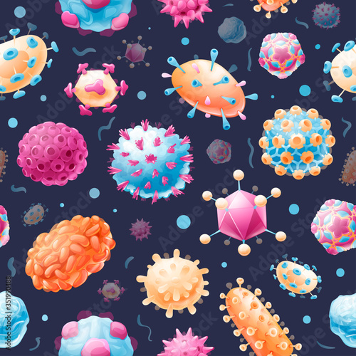 Seamless pattern with common viruses. Micro world