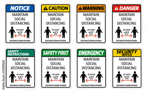 Maintain Social Distancing At Least 6 Ft Sign On White Background,Vector Illustration EPS.10