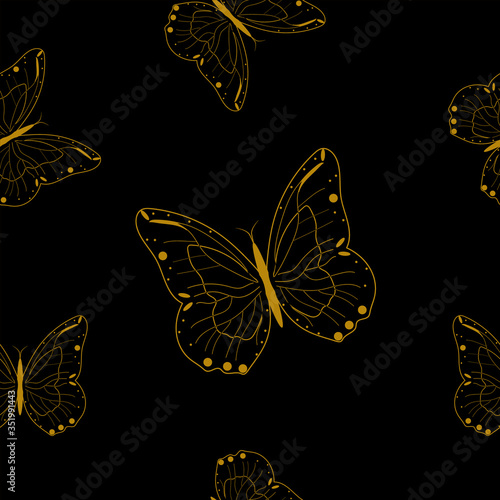 Golden butterflies on a black background. Seamless texture for printing on fabric and paper.