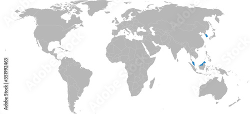 Malaysia, South korea countries isolated on world map. Light gray background. Business concepts, political, economic, trade and transport relations.