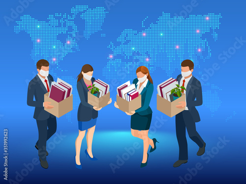 Unemployment, loss job, crisis, jobless and employee job reduction. Dismissed sad man carrying box with her things. Isometric vector illustration