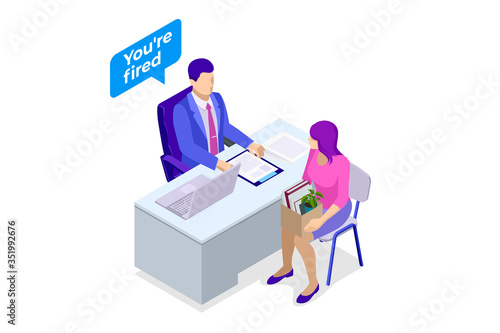 Unemployment, loss job, crisis, jobless and employee job reduction. Dismissed sad man carrying box with her things. Isometric vector illustration