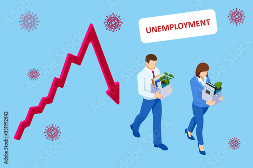 Unemployment, loss job, crisis, jobless and employee job reduction. Dismissed sad man carrying box with her things. Isometric vector illustration