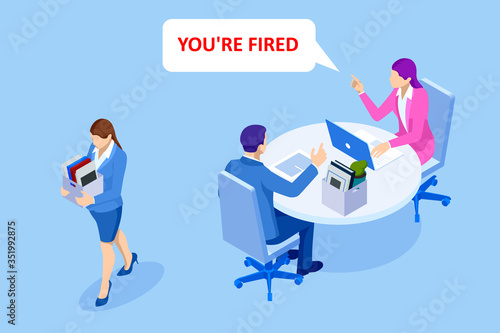Unemployment, loss job, crisis, jobless and employee job reduction. Dismissed sad man carrying box with her things. Isometric vector illustration