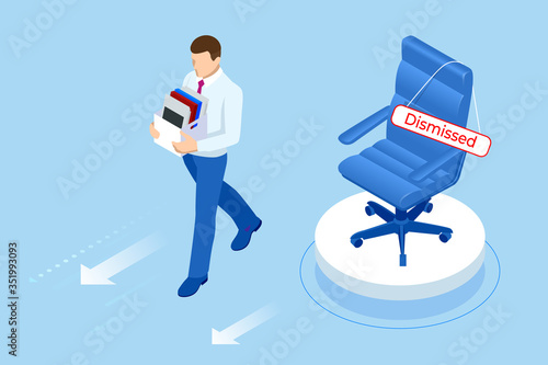 Unemployment, loss job, crisis, jobless and employee job reduction. Dismissed sad man carrying box with her things. Isometric vector illustration