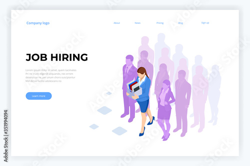 Isometric hiring and recruitment, job candidates and job centre concept. Job interview, recruitment agency. HR job seeking.
