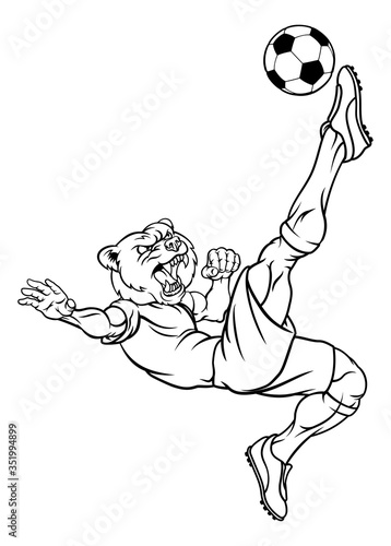 A bear soccer football player cartoon animal sports mascot kicking the ball