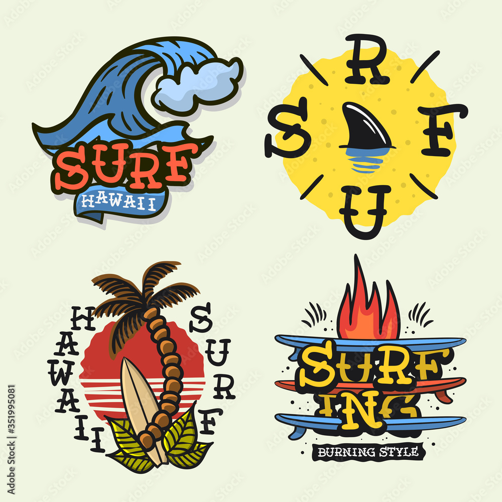 Surfing Style Surf Summer Time Beach Life Traditional Tattoo Influenced Hand Lettering  Vector Illustrations Set Designs.
