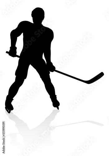 A detailed silhouette ice hockey player sports illustration