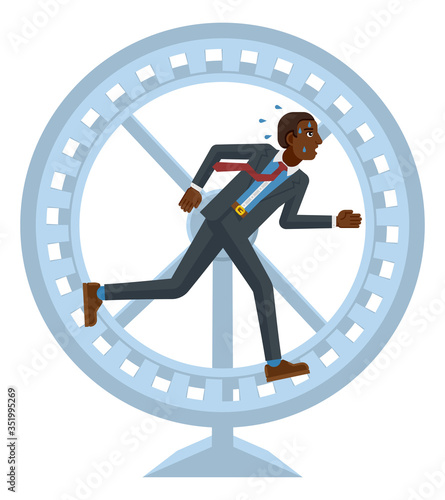 A stressed and tired looking black businessman running as fast as he can in a hamster wheel to keep up with his workload or compete. Business concept illustration in flat modern cartoon style
