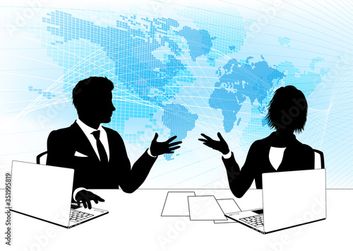 A pair of news anchor tv reporters or presenters in silhouette in studio behind a desk