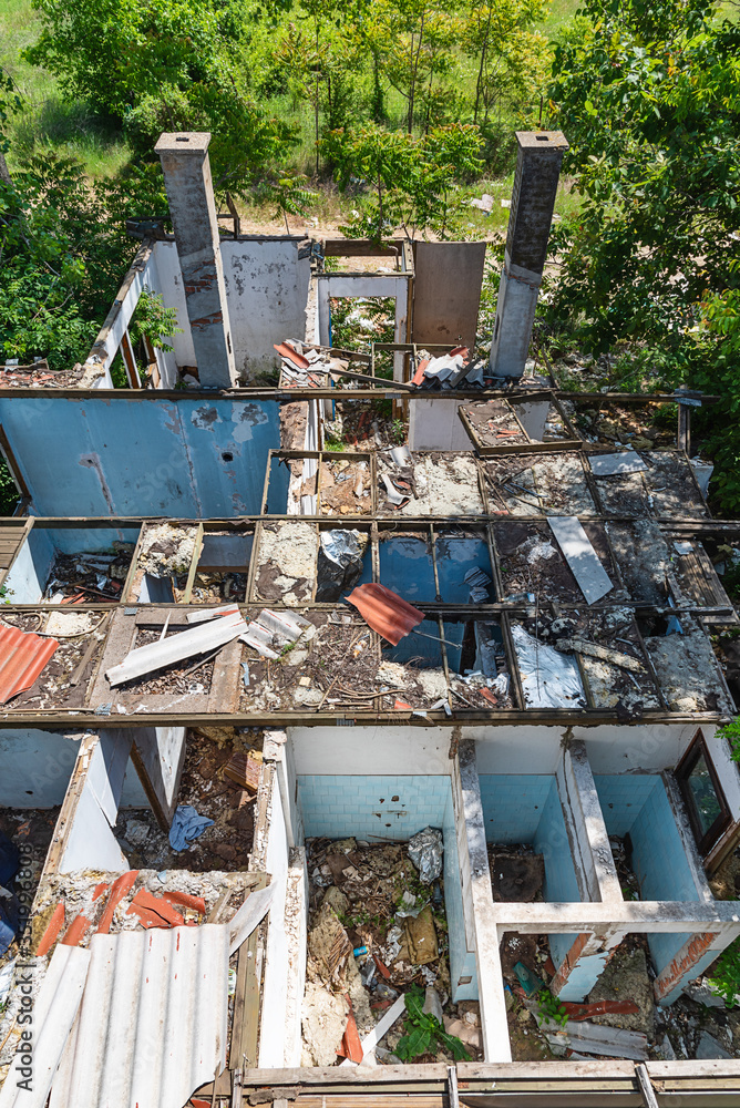 Aerial view of an old abandoned and destroyed house