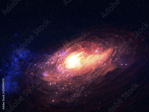Deep space look. Quasar in bright colours near far galaxies and stars. Science fiction. Film grain. Elements of this image were furnished by NASA.