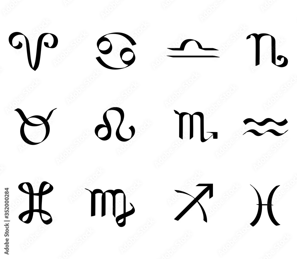 Set of twelve signs of the zodiac on the background of gold circles. Prediction of the future. Vector illustration. Isolated on white background Set of twelve signs of the zodiac on the background of gold circles. Prediction of the future. Vector illustration. Isolated on white background