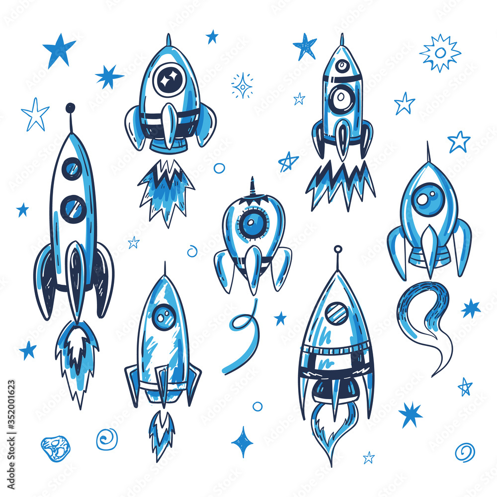 Hand drawn vector space rocket illustrations set - obrazy, fototapety, plakaty 
