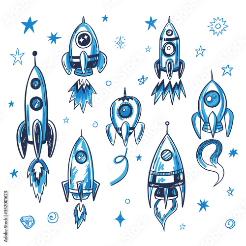 Hand drawn vector space rocket illustrations set