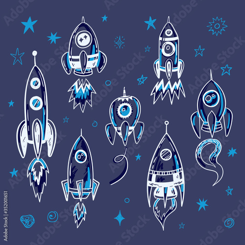 Hand drawn vector space rocket illustrations set
