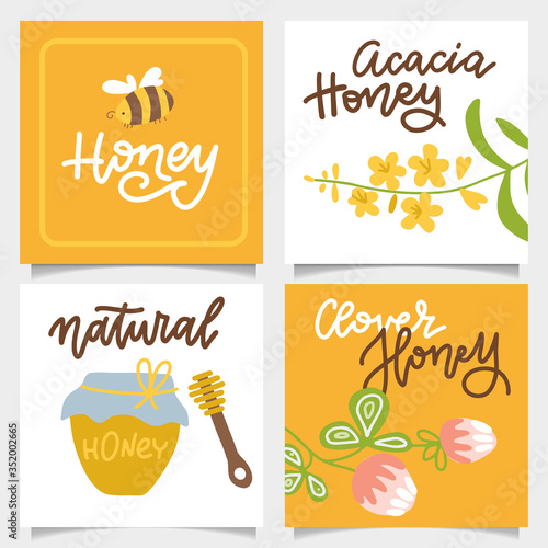 Set of banners on the theme of honey, with a glass jar, types of honey, clover and acacia flowers, bee and handwritten lettering. Design collection of square cards. Vector flat hand drawn illustration