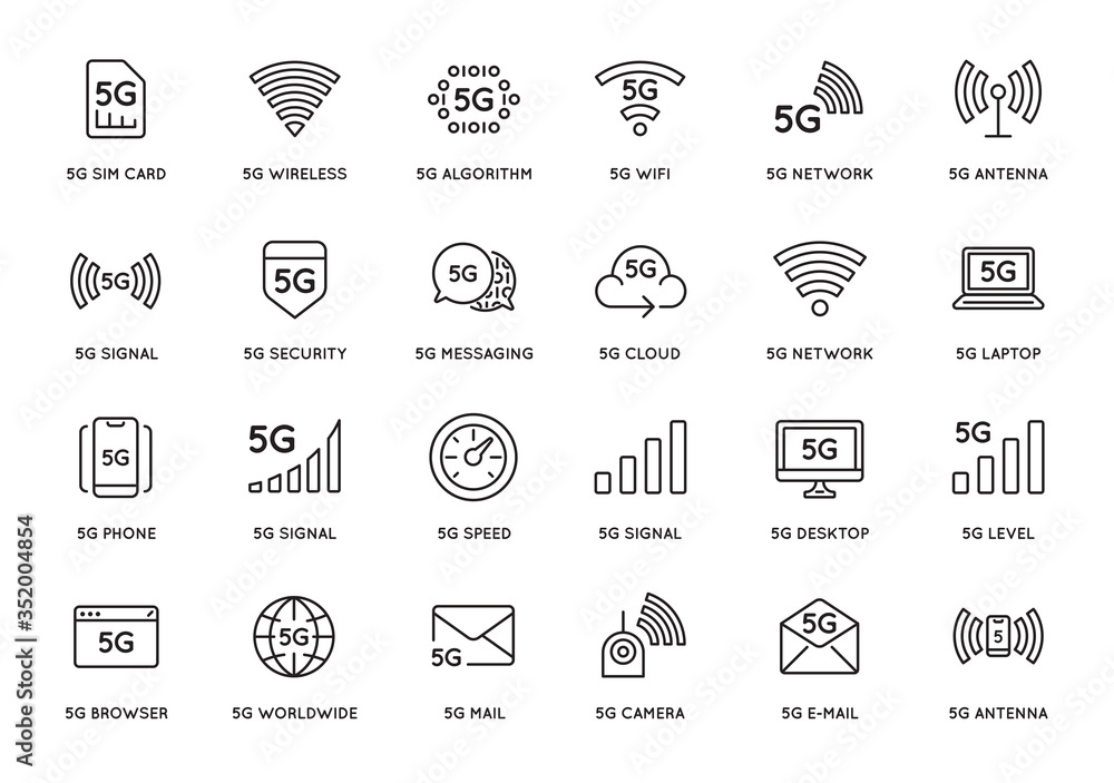 Simple line stroke vector icon set,new 5th generation mobile network 5G, high speed connection wireless systems. Simple line stroke vector icon set,new 5th generation mobile network 5G, high speed connection wireless systems.