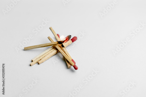 A close up shot of a flammable match stick stacked in a white background