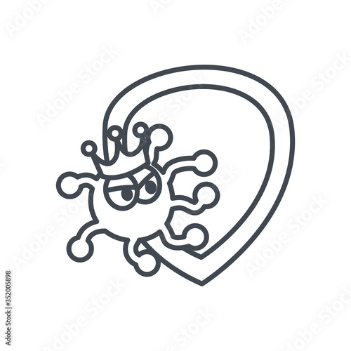 Covid 19 virus cartoon with crown and shield line style icon vector design