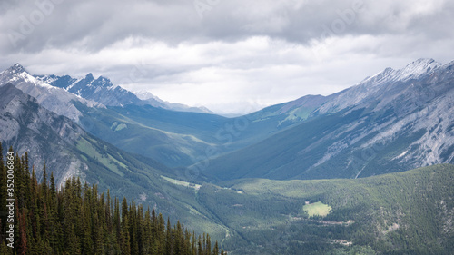 Beautiful alpine valley in Canadian Rockies shot at Sulphur Mountain Lookout  Banff National Park  Alberta  Canada