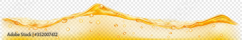 Horizontal banner with translucent water wave in yellow colors with air bubbles, isolated on transparent background. Transparency only in vector file