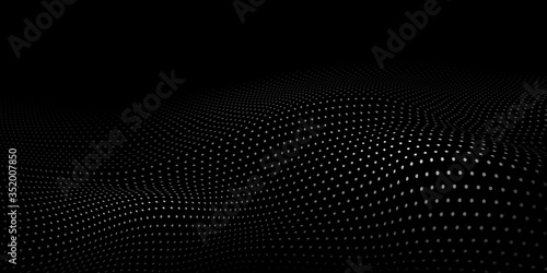 Abstract halftone background with wavy surface made of gray dots on black