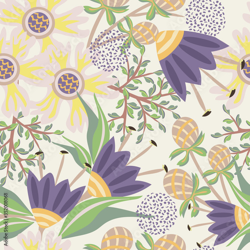 Vector abstract floral background. Seamless pattern with hand drawn elements, exotic fantasy flowers, leaves. Stylish summer texture. Green, yellow, purple, beige color. Repeat design for wallpapers