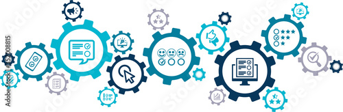 survey / feedback vector illustration. Concept with connected icons related to online evaluation, questionnaire, different rating options or customer satisfaction.