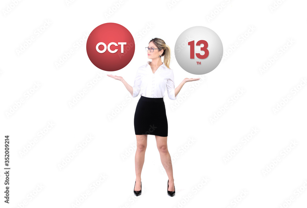 October 13th calendar background. Day 13 of oct month. Business woman holding 3d spheres. Modern concept.