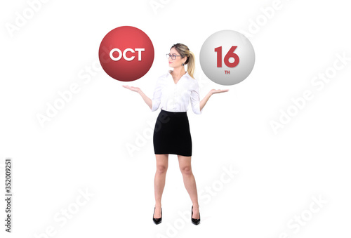 October 16th calendar background. Day 16 of oct month. Business woman holding 3d spheres. Modern concept.