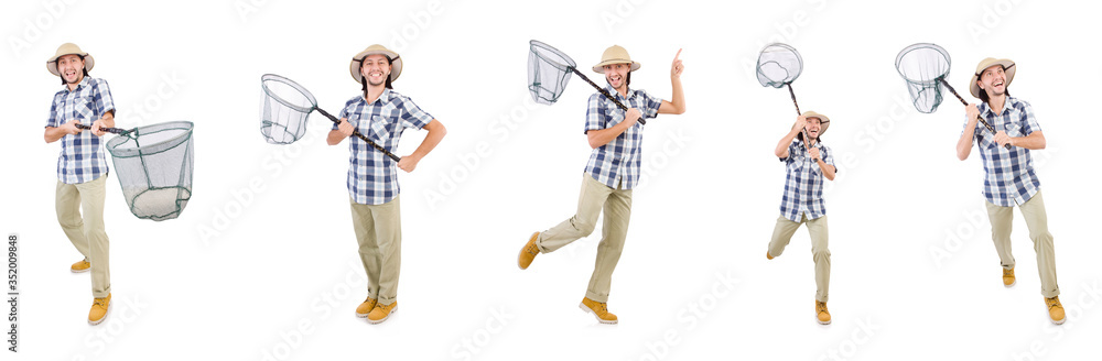 Funny guy with catching net on white Funny guy with catching net on white