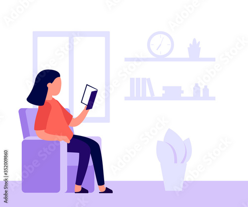 Girl is sitting in chair and reading book. Learning, relaxing with book. Reading at home by window. Woman with book. Vector illustration