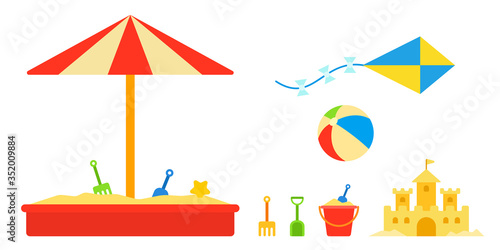 Children's sandbox with toys and umbrella