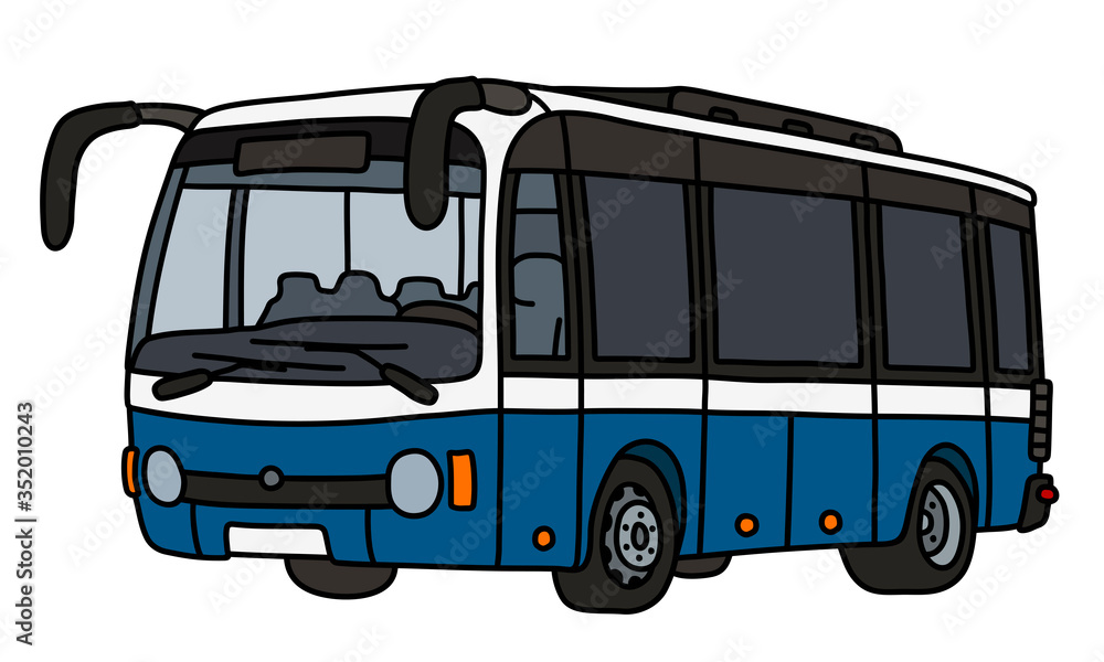 The vectorized hand drawing of a blue and white city bus