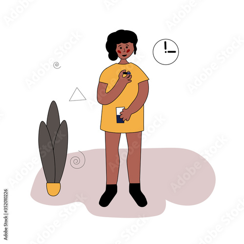 A young black girl is drinking medicine. She holds a pill and a glass of water in her hands. time to drink a pill. The child is being treated. Vector illustration in hand-drawn style