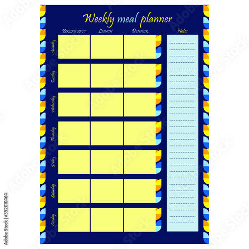 Weekly food planner template. Blank page with ornament on a blue background. Food diary, sheet of paper, place for notes. Stationery for menu planning and grocery. Realistic vector illustration.