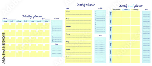 Planners package: weekly, monthly, weekly meal plan, to-do list, goals, note template. Business organizer. Stationery for planning. Vector illustration.