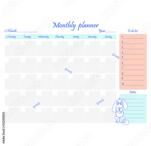 Daily affairs template for the month. Blank page with design and funny dog. A sheet of paper with a place for notes. Business organizer. Stationery for planning. Realistic vector illustration.