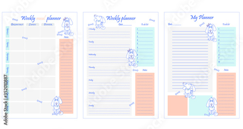 Set of planner templates - personal, weekly and food diary. A sheet of paper, a place for notes, design, dogs. Stationery. Vector illustration.