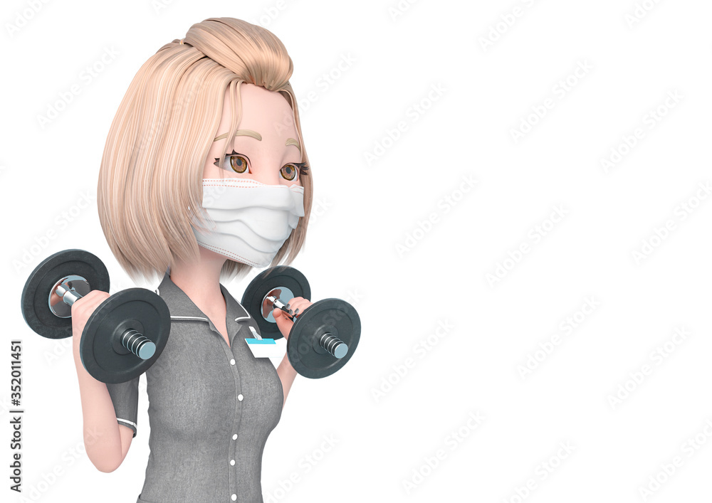 blond nurse cartoon wearing mask is doing some workout exercise with the dumbbells close up with copy space blond nurse cartoon wearing mask is doing some workout exercise with the dumbbells close up with copy space