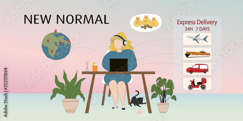 New normal lifestyle concept.After the Coronavirus causing life change,Woman working at home for online business like an exchange rate,selling tour, travel, tourism and Express deliver 24h 7 days