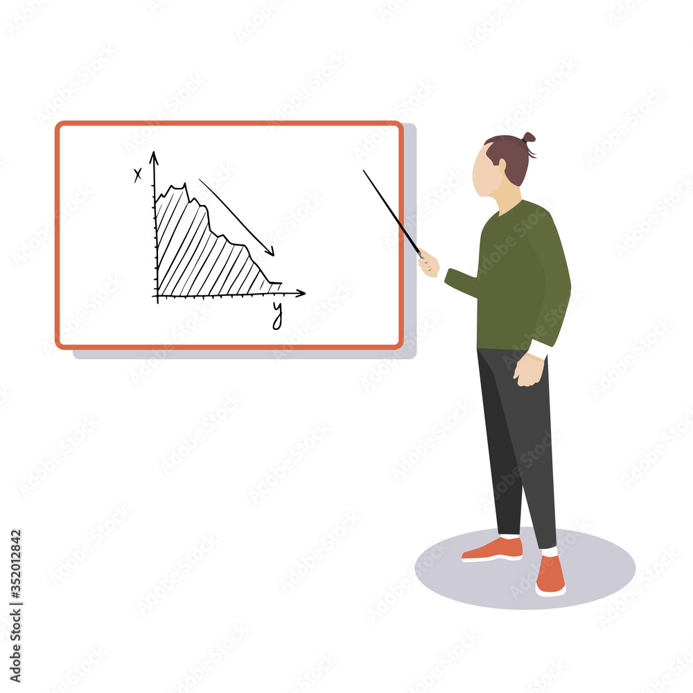 Vector cartoon character of a man standing at a white board with a pointer in his hand. Drawn in flat style for business design and educational concepts. Male teacher or student at the blackboard Vector cartoon character of a man standing at a white board with a pointer in his hand. Drawn in flat style for business design and educational concepts. Male teacher or student at the blackboard