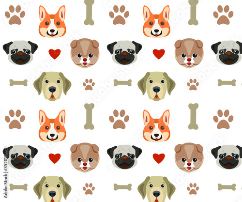 set of animals, dogs pattern. 4 types of dogs are depicted: Corgi, Labrodor, Pug and Spitz