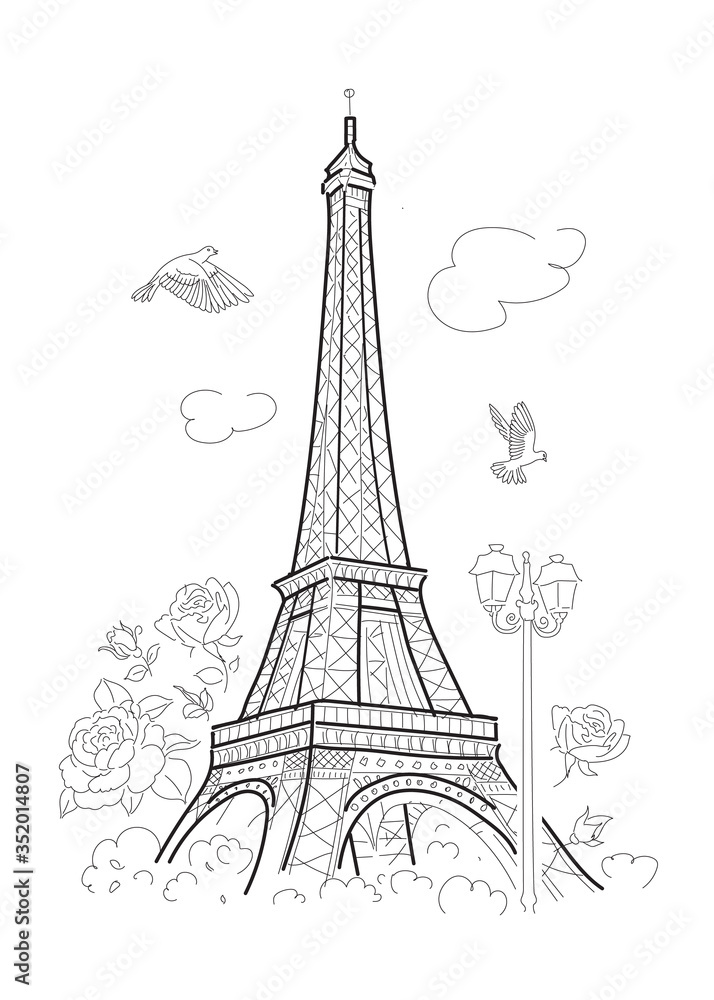 Eiffel Tower in Paris. Linear drawing. Vector line illustration
