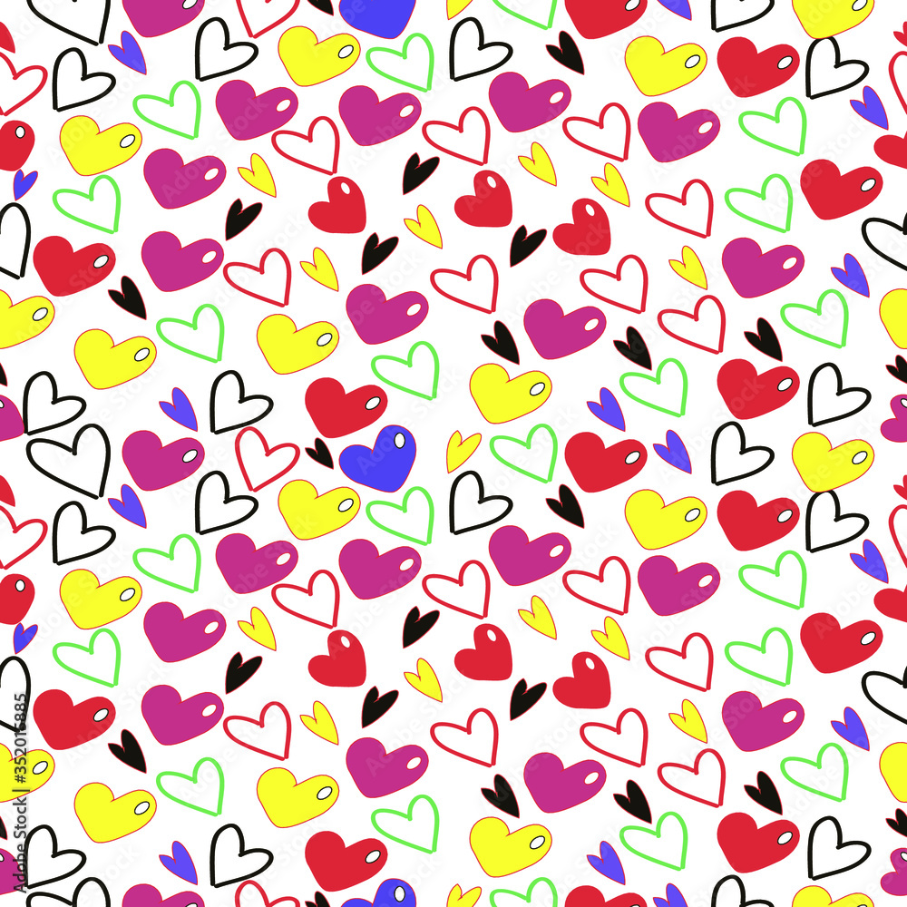 Seamless pattern. Colored hearts. Drawing in flat style. Transparent background. Vector Seamless pattern. Colored hearts. Drawing in flat style. Transparent background. Vector